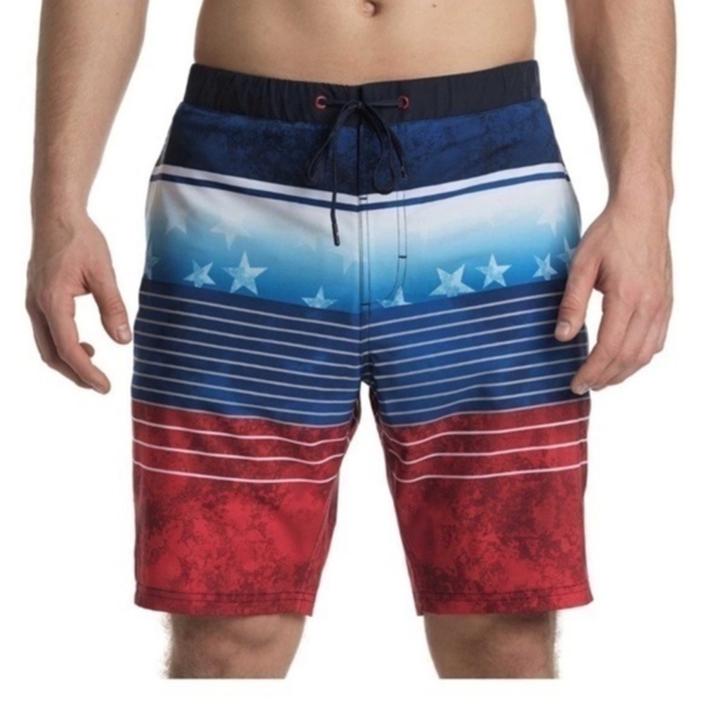 🌷 Zero Exposure Red White Blue Stars & Stripe Swim Trunks NWOT